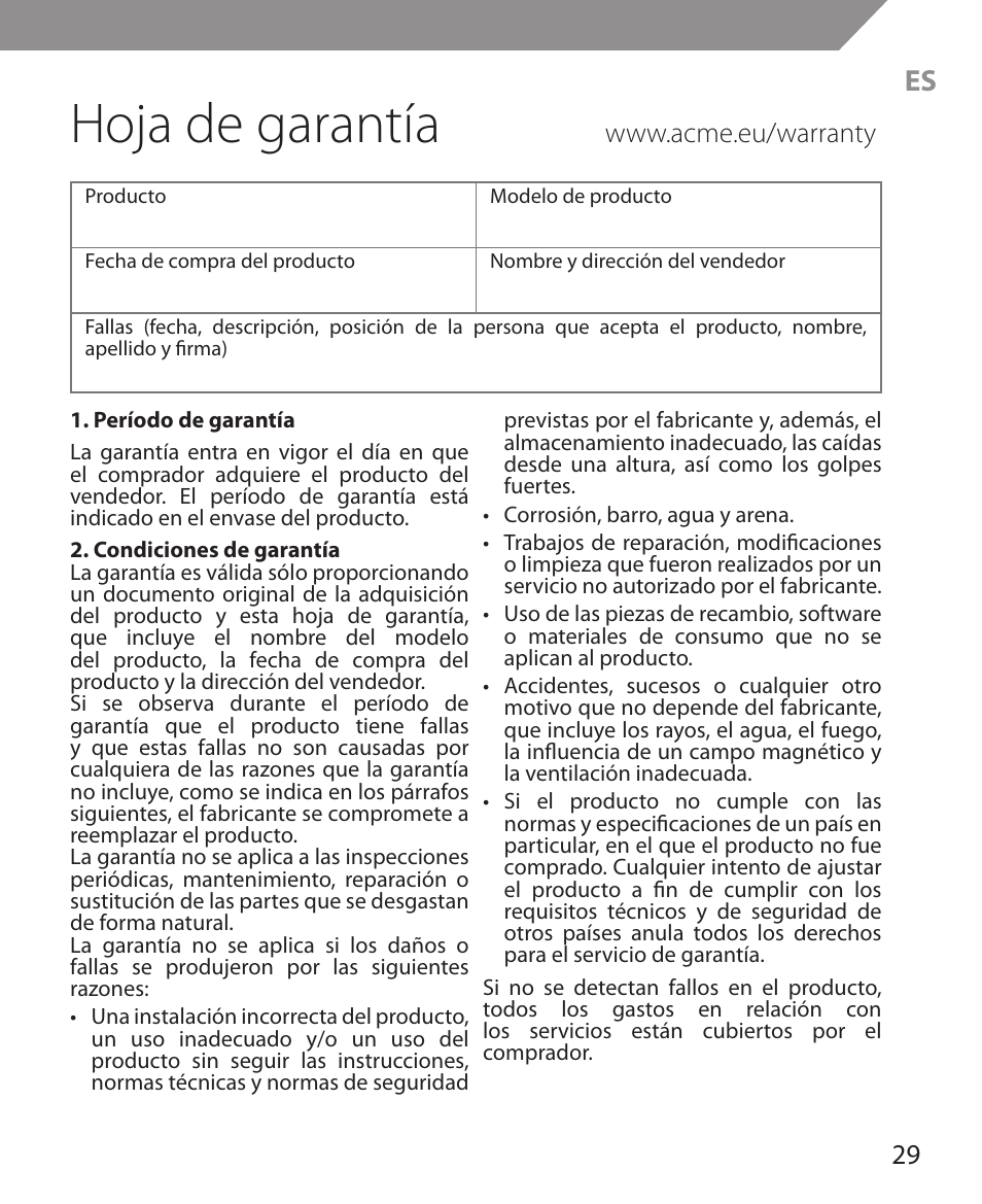Hoja de garantía | Acme MS11 User Manual | Page 29 / 32