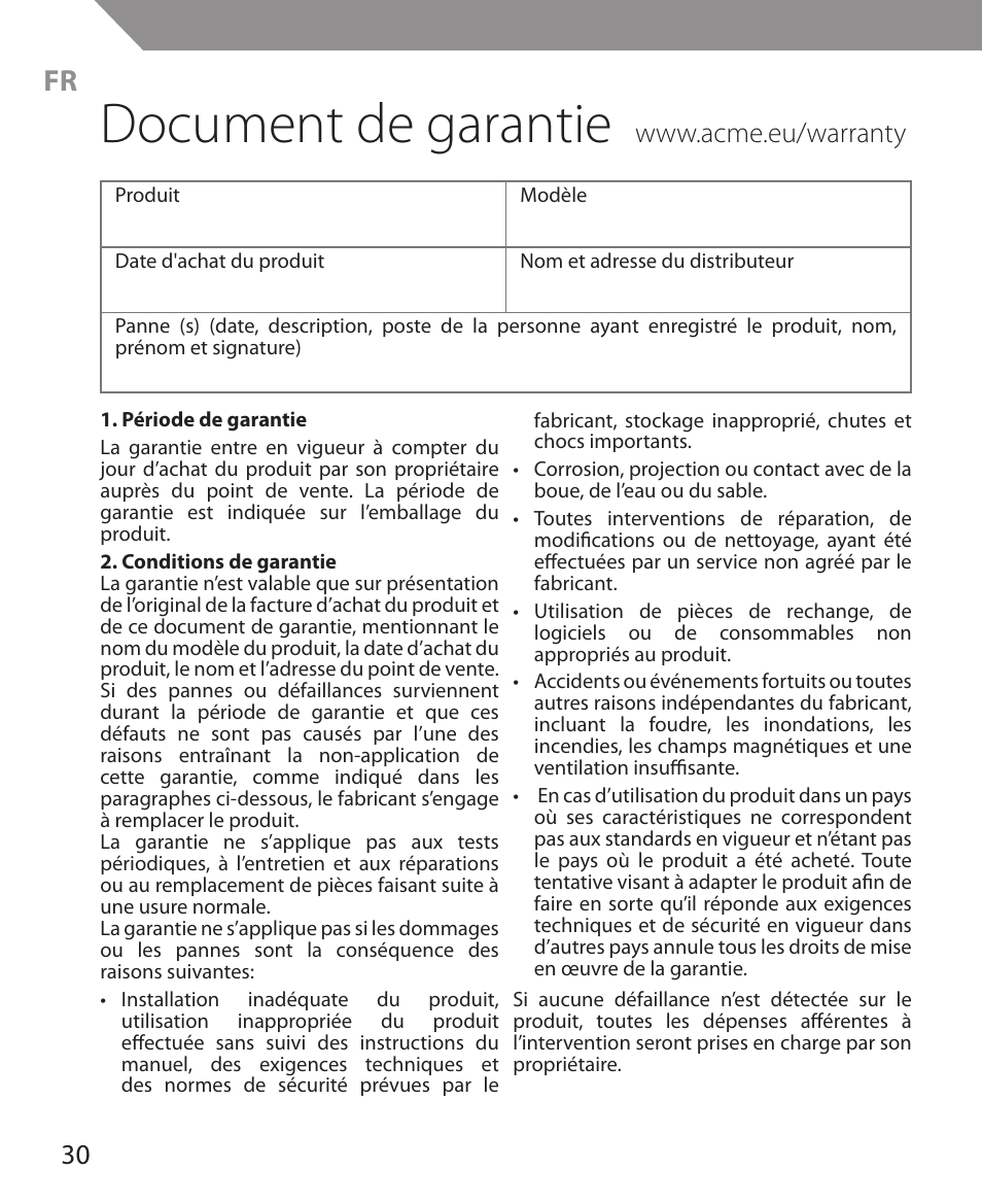 Document de garantie | Acme MS11 User Manual | Page 30 / 32