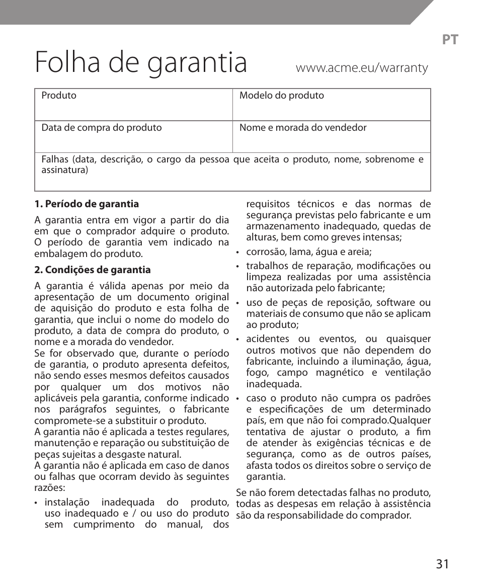 Folha de garantia | Acme MS11 User Manual | Page 31 / 32