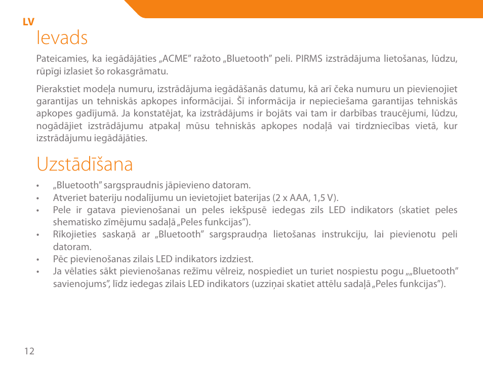 Ievads, Uzstādīšana | Acme MB01 User Manual | Page 12 / 70