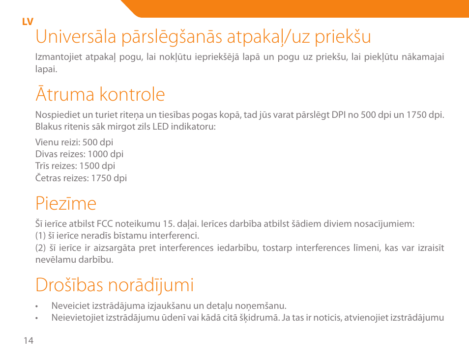 Universāla pārslēgšanās atpakaļ/uz priekšu, Ātruma kontrole, Piezīme | Drošības norādījumi | Acme MB01 User Manual | Page 14 / 70
