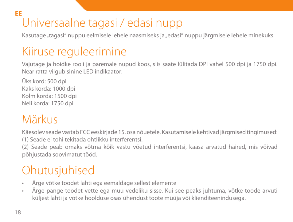 Universaalne tagasi / edasi nupp, Kiiruse reguleerimine, Märkus | Ohutusjuhised | Acme MB01 User Manual | Page 18 / 70