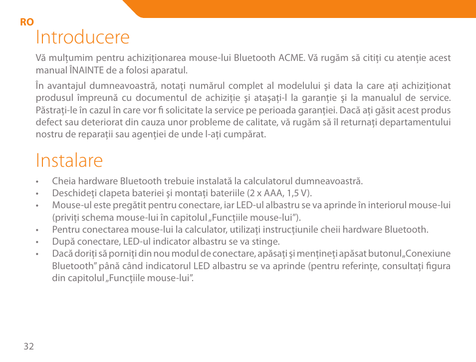 Introducere, Instalare | Acme MB01 User Manual | Page 32 / 70