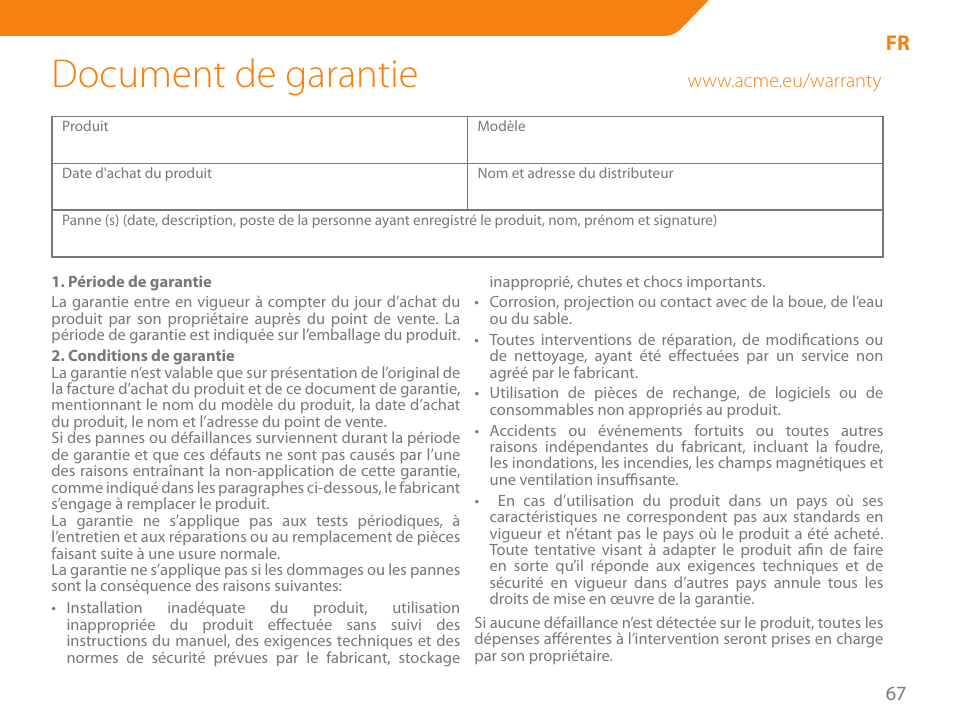 Document de garantie | Acme MB01 User Manual | Page 67 / 70
