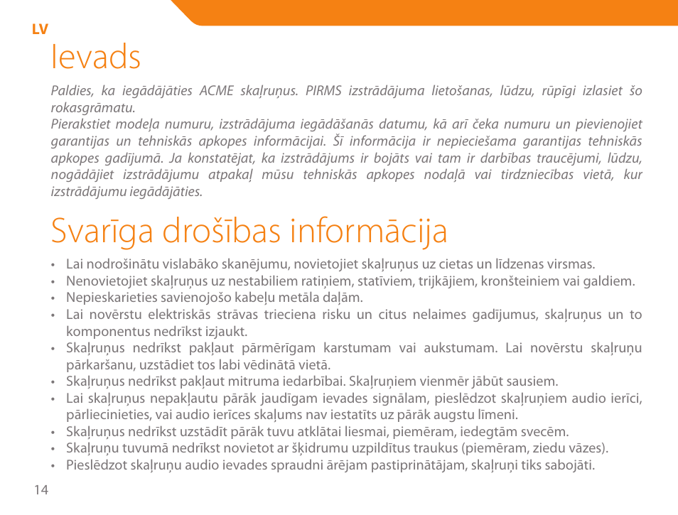 Ievads, Svarīga drošības informācija | Acme SS-203 User Manual | Page 14 / 78