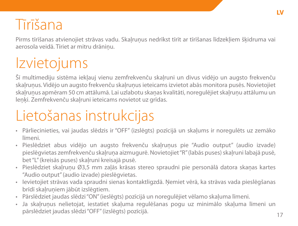 Tīrīšana, Izvietojums, Lietošanas instrukcijas | Acme SS-203 User Manual | Page 17 / 78