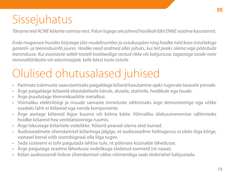 Sissejuhatus, Olulised ohutusalased juhised | Acme SS-203 User Manual | Page 19 / 78