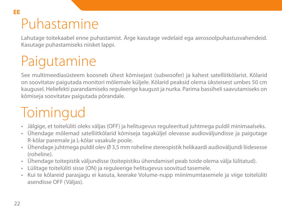 Puhastamine, Paigutamine, Toimingud | Acme SS-203 User Manual | Page 22 / 78