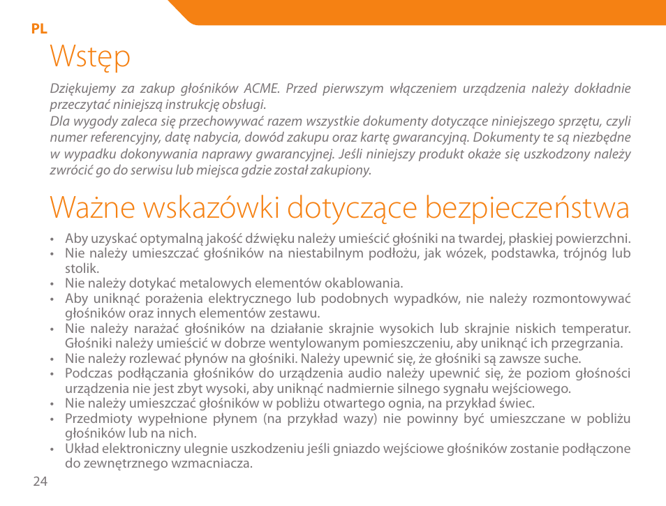 Wstęp, Ważne wskazówki dotyczące bezpieczeństwa | Acme SS-203 User Manual | Page 24 / 78