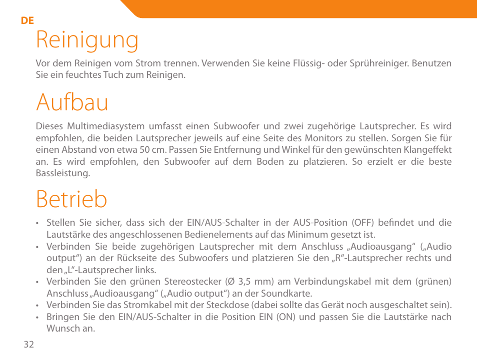 Reinigung, Aufbau, Betrieb | Acme SS-203 User Manual | Page 32 / 78