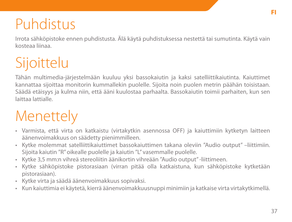 Puhdistus, Sijoittelu, Menettely | Acme SS-203 User Manual | Page 37 / 78