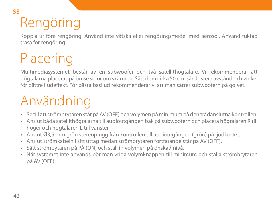 Rengöring, Placering, Användning | Acme SS-203 User Manual | Page 42 / 78