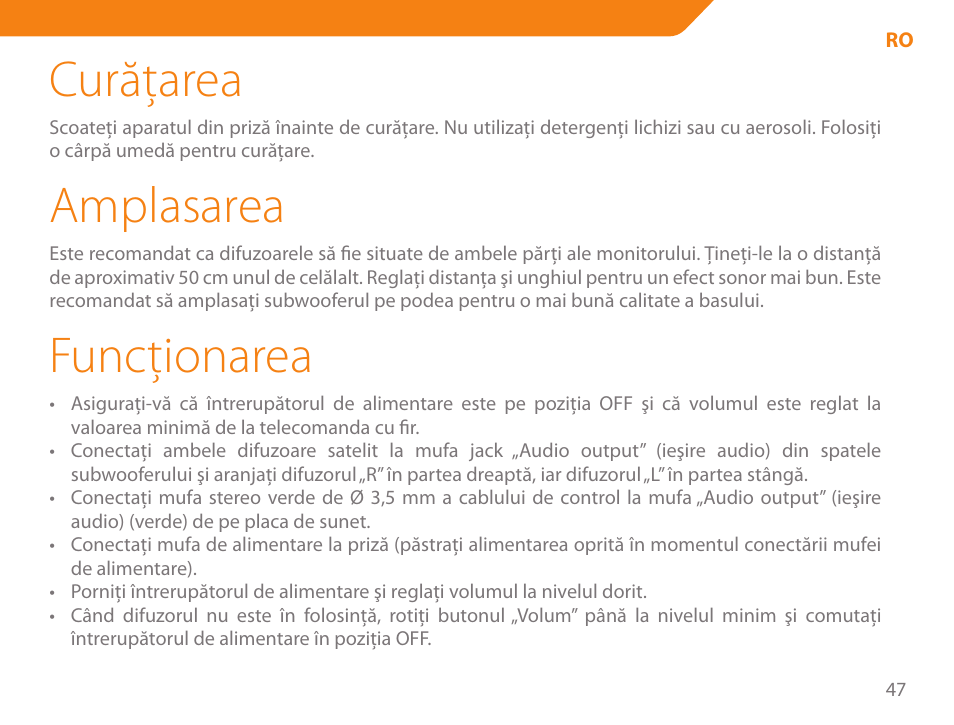 Curăţarea, Amplasarea, Funcţionarea | Acme SS-203 User Manual | Page 47 / 78