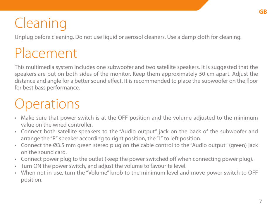 Cleaning, Placement, Operations | Acme SS-203 User Manual | Page 7 / 78