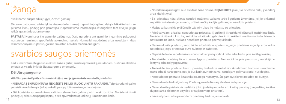 Įžanga, Svarbios saugos priemonės | Acme TE-200 User Manual | Page 7 / 46