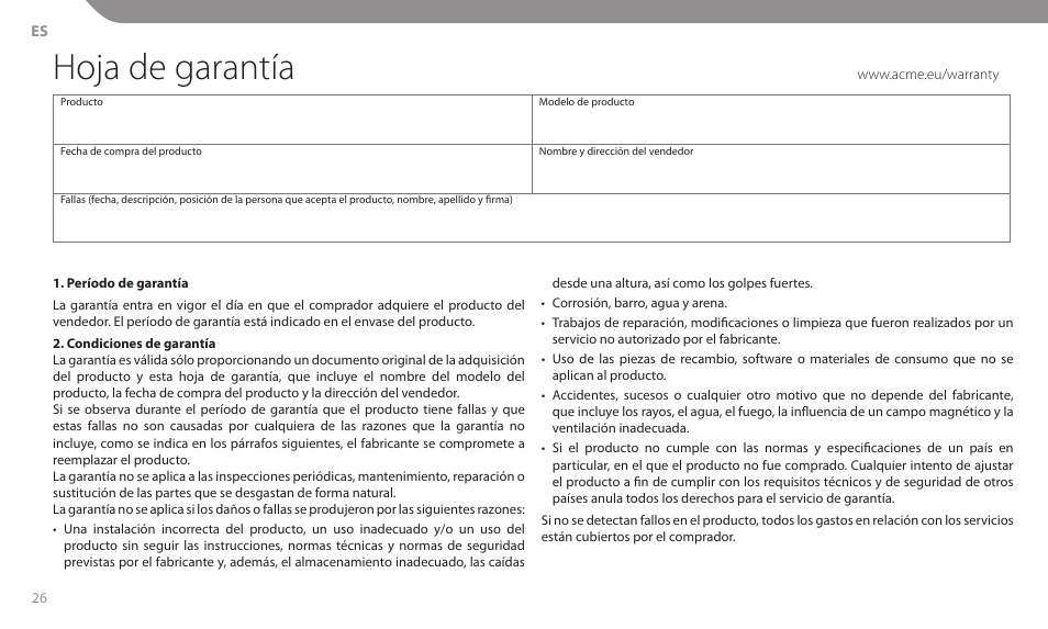 Hoja de garantía | Acme MT104B User Manual | Page 26 / 30