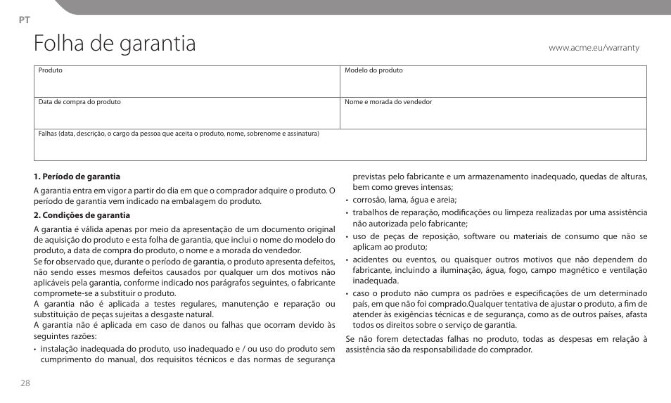 Folha de garantia | Acme MT104B User Manual | Page 28 / 30