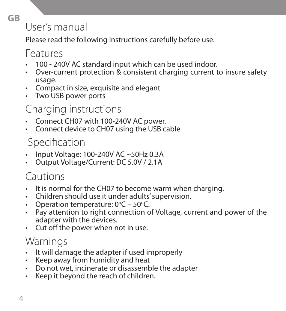 User’s manual, Features, Charging instructions | Specification, Cautions, Warnings | Acme CH07 User Manual | Page 4 / 10