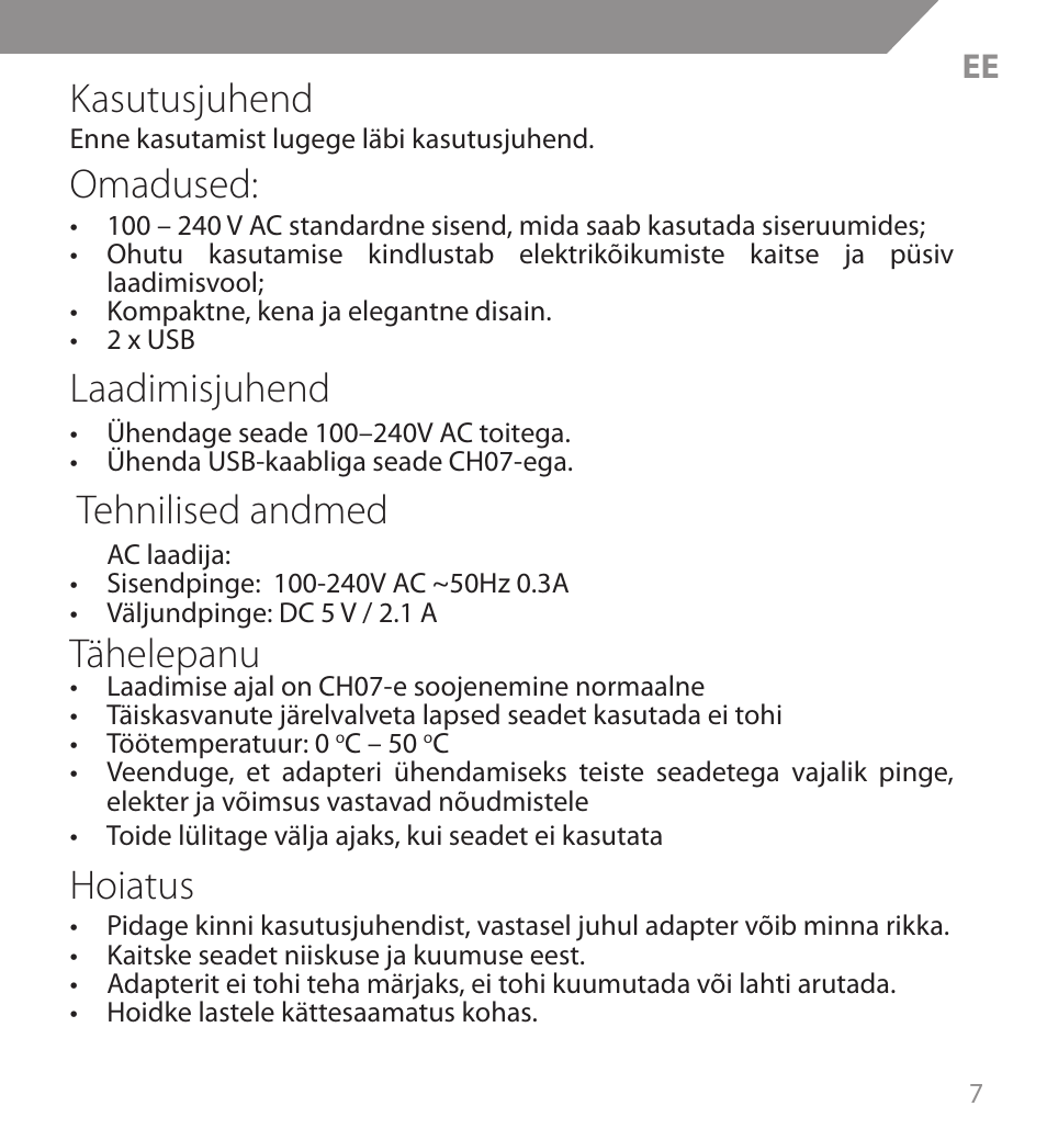 Kasutusjuhend, Omadused, Laadimisjuhend | Tehnilised andmed, Tähelepanu, Hoiatus | Acme CH07 User Manual | Page 7 / 10