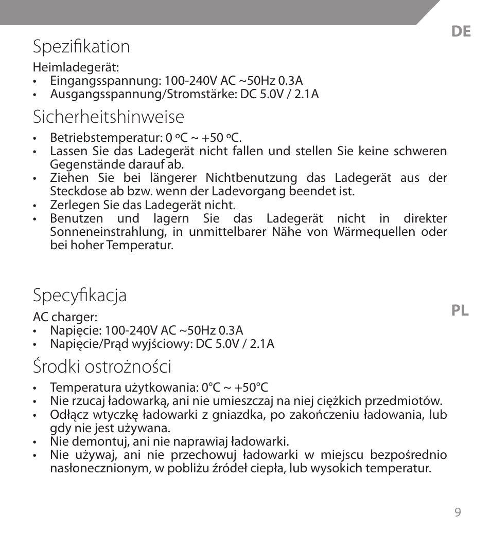 Spezifikation, Sicherheitshinweise, Specyfikacja | Środki ostrożności | Acme CH07 User Manual | Page 9 / 10