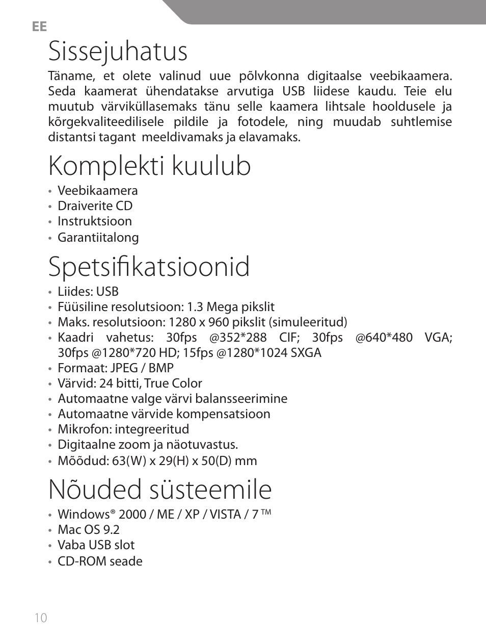 Sissejuhatus, Komplekti kuulub, Spetsifikatsioonid | Nõuded süsteemile | Acme CA13 User Manual | Page 10 / 44