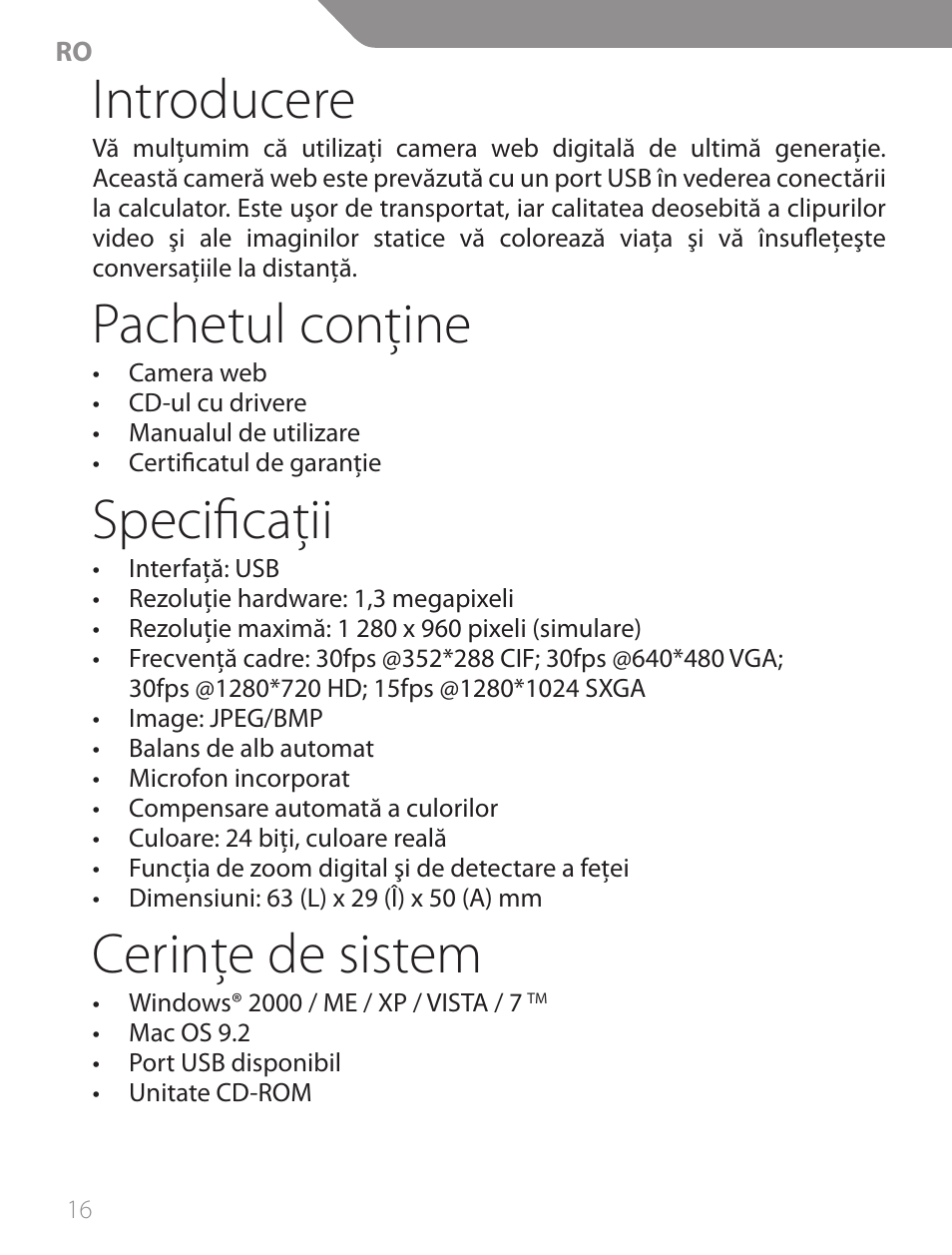 Introducere, Pachetul conţine, Specificaţii | Cerinţe de sistem | Acme CA13 User Manual | Page 16 / 44