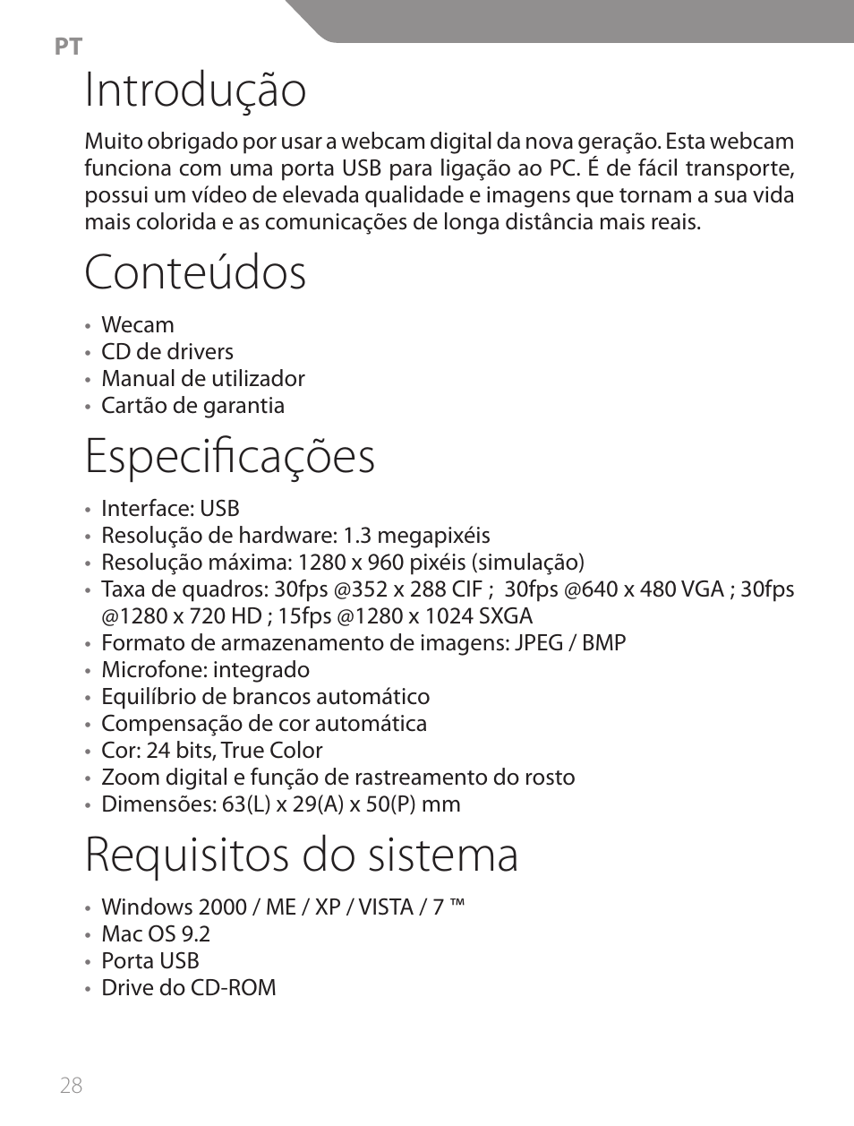 Introdução, Conteúdos, Especificações | Requisitos do sistema | Acme CA13 User Manual | Page 28 / 44