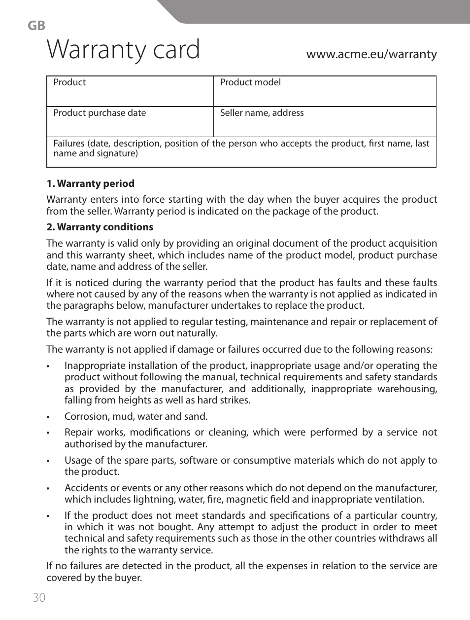 Warranty card | Acme CA13 User Manual | Page 30 / 44