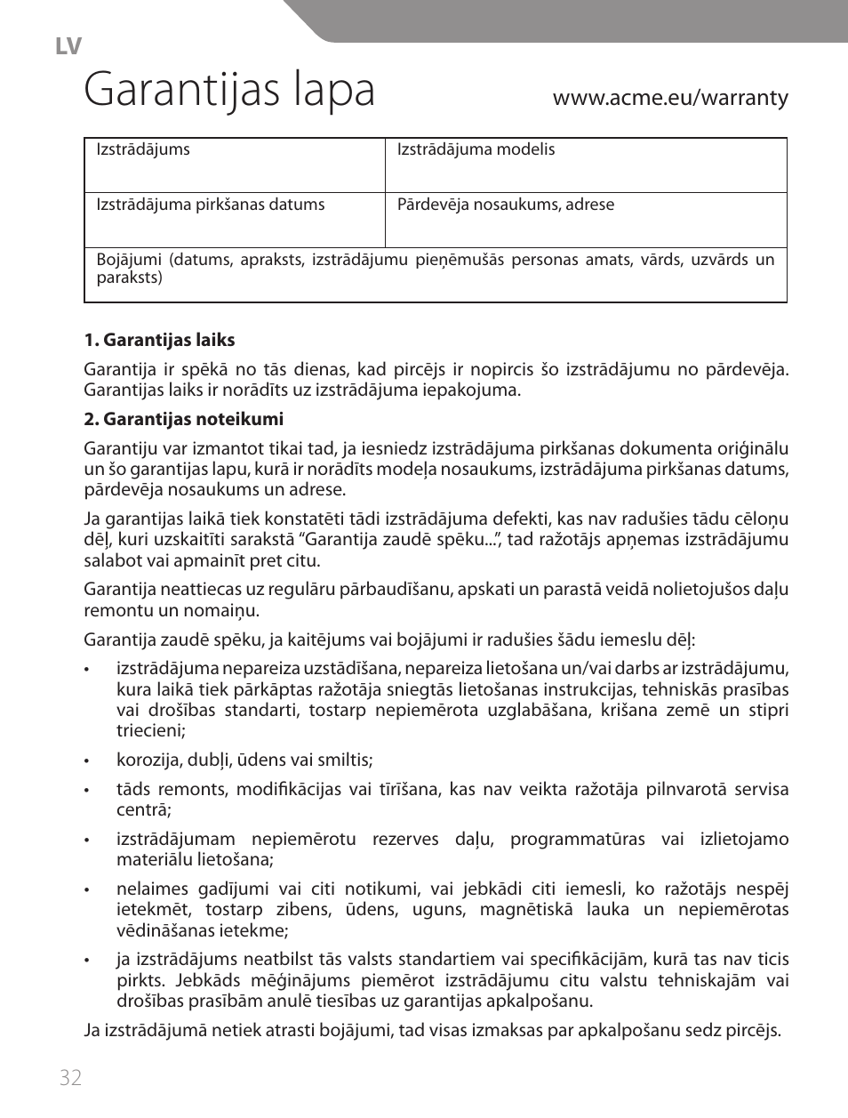 Garantijas lapa | Acme CA13 User Manual | Page 32 / 44