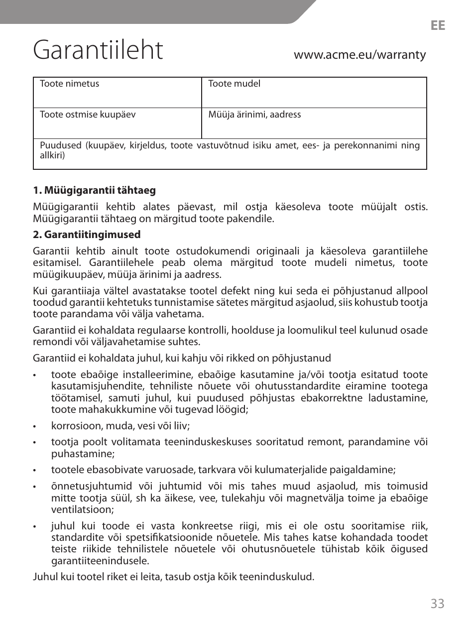 Garantiileht, 33 ee | Acme CA13 User Manual | Page 33 / 44