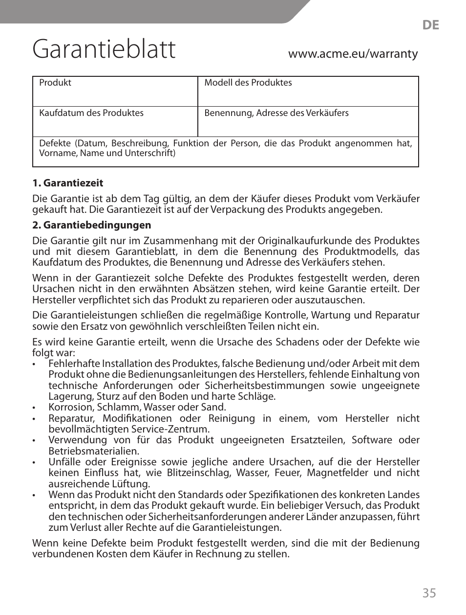 Garantieblatt, 35 de | Acme CA13 User Manual | Page 35 / 44
