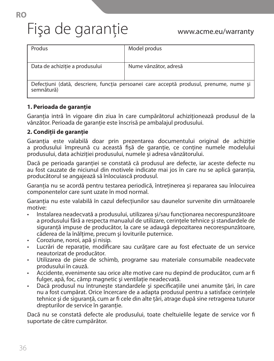 Fişa de garanţie | Acme CA13 User Manual | Page 36 / 44