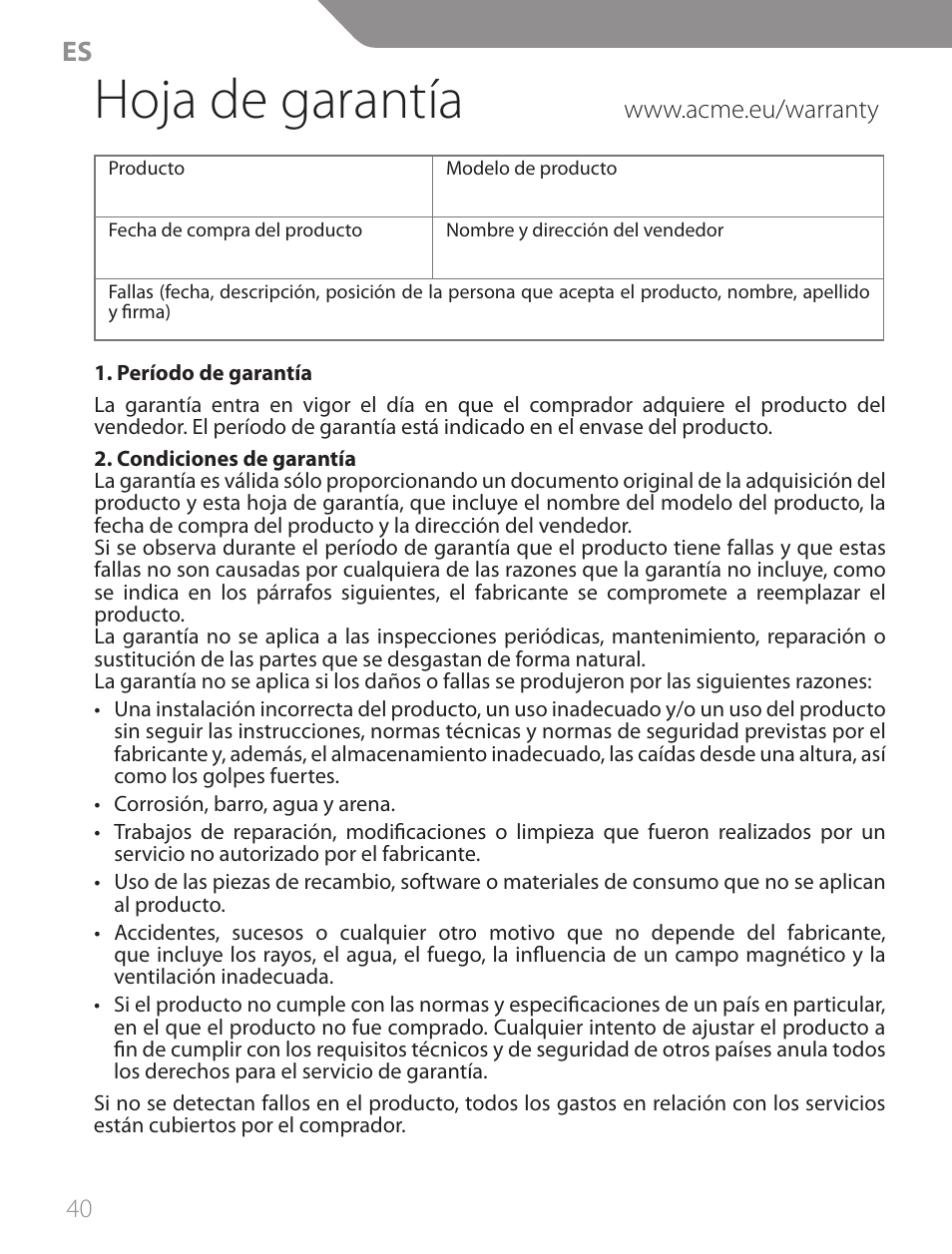 Hoja de garantía | Acme CA13 User Manual | Page 40 / 44