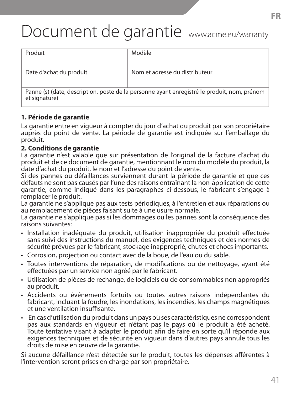 Document de garantie, 41 fr | Acme CA13 User Manual | Page 41 / 44