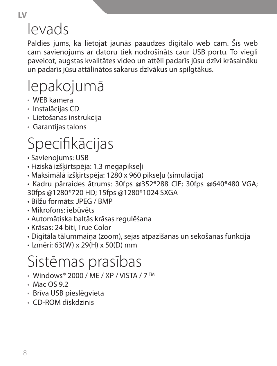 Ievads, Iepakojumā, Specifikācijas | Sistēmas prasības | Acme CA13 User Manual | Page 8 / 44