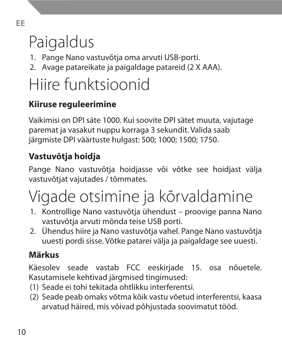 Paigaldus, Hiire funktsioonid, Vigade otsimine ja kõrvaldamine | Acme MW11 User Manual | Page 10 / 44