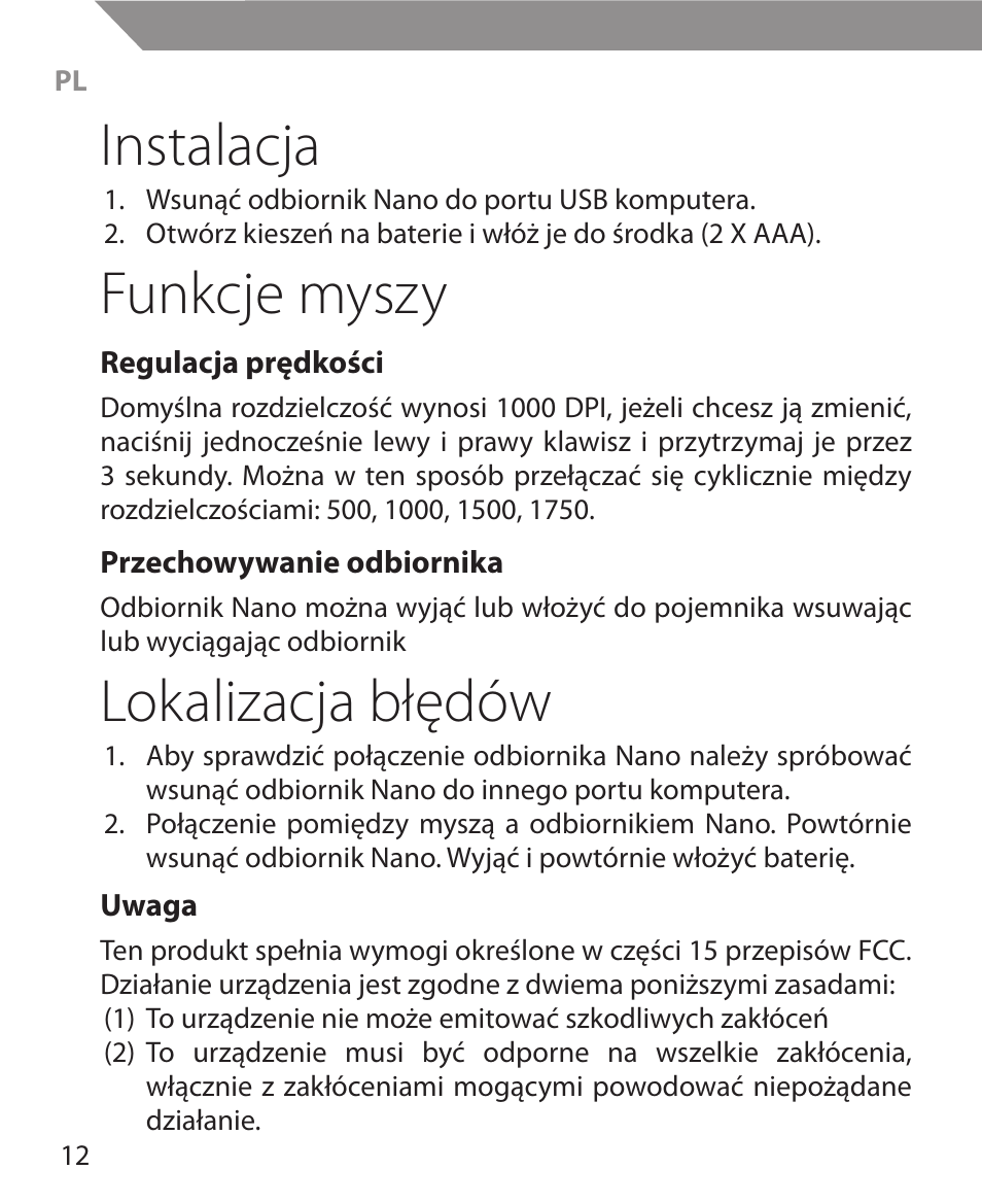 Instalacja, Funkcje myszy, Lokalizacja błędów | Acme MW11 User Manual | Page 12 / 44