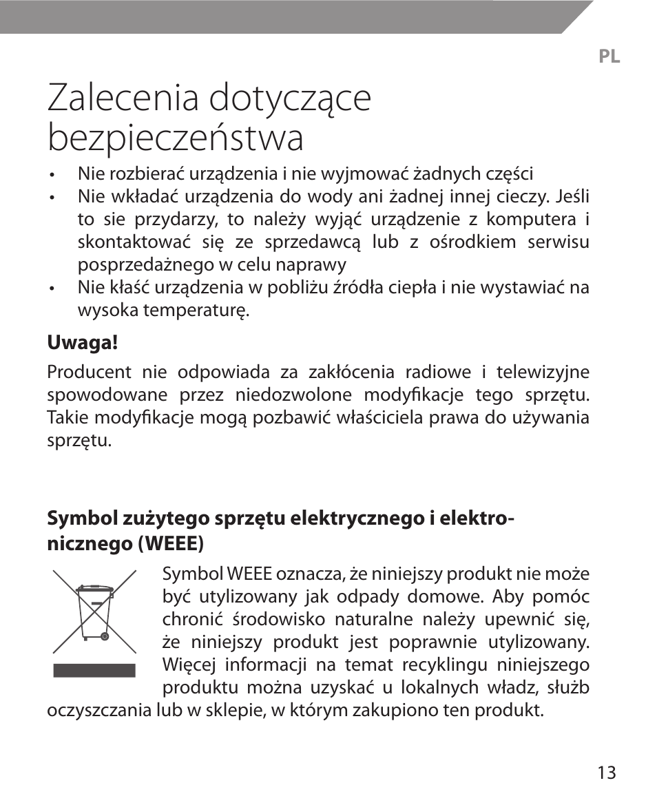 Zalecenia dotyczące bezpieczeństwa | Acme MW11 User Manual | Page 13 / 44