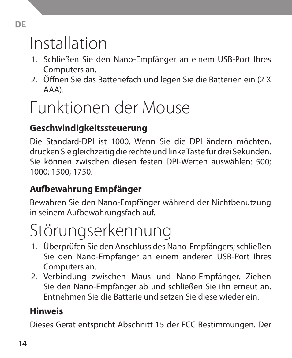 Installation, Funktionen der mouse, Störungserkennung | Acme MW11 User Manual | Page 14 / 44