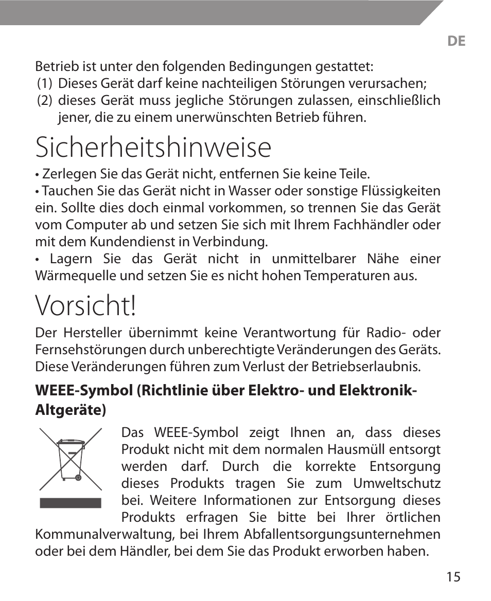 Sicherheitshinweise, Vorsicht | Acme MW11 User Manual | Page 15 / 44