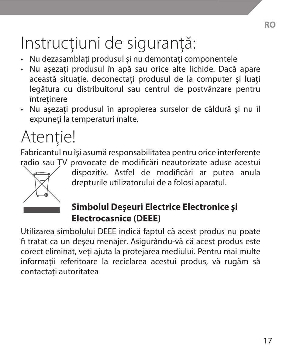 Instrucţiuni de siguranţă, Atenţie | Acme MW11 User Manual | Page 17 / 44