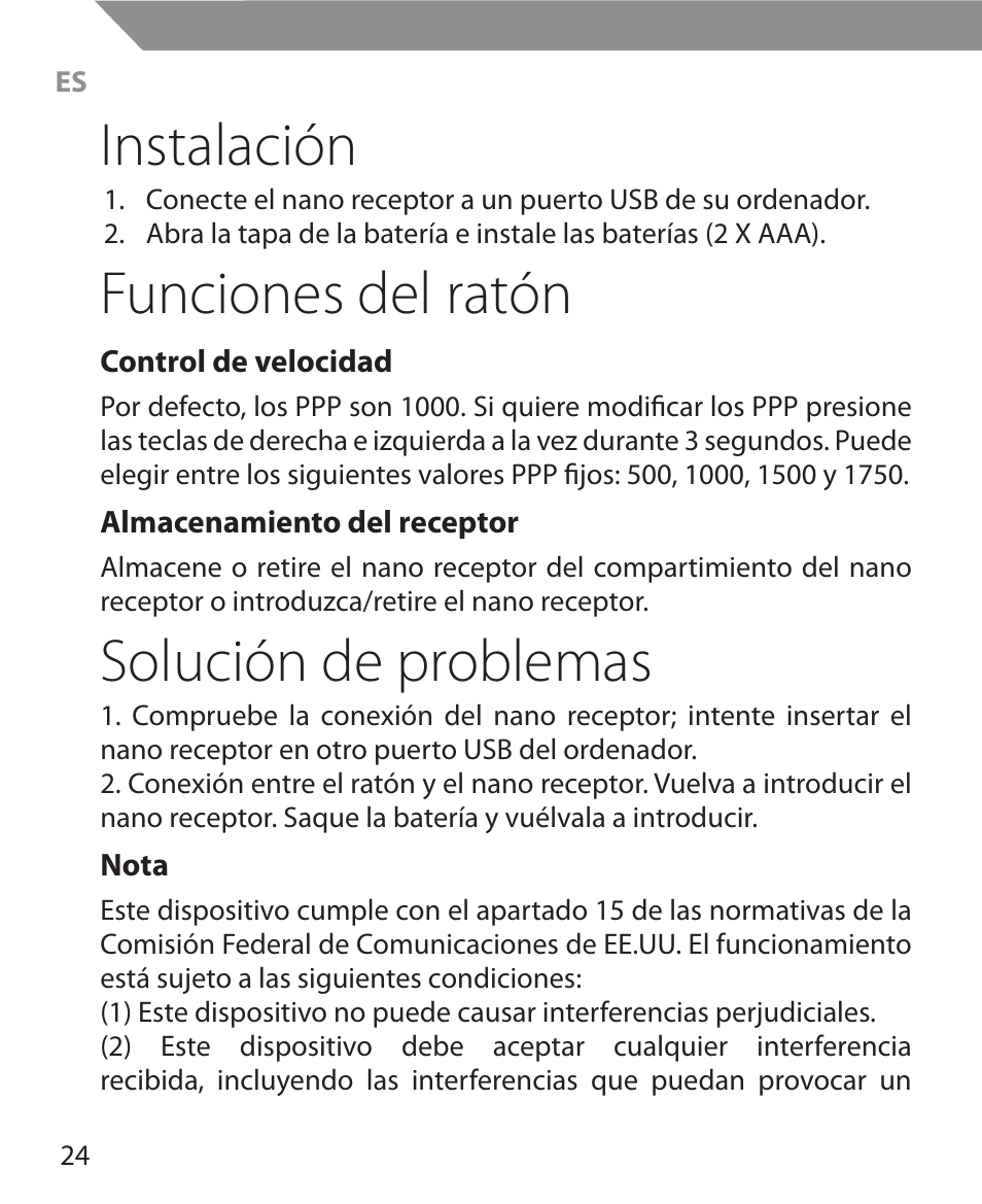 Instalación, Funciones del ratón, Solución de problemas | Acme MW11 User Manual | Page 24 / 44