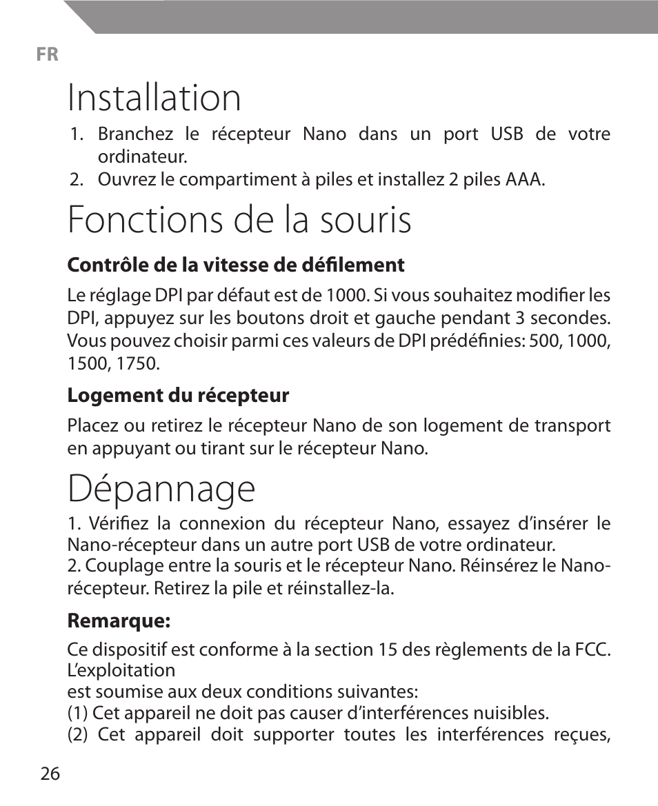Installation, Fonctions de la souris, Dépannage | Acme MW11 User Manual | Page 26 / 44