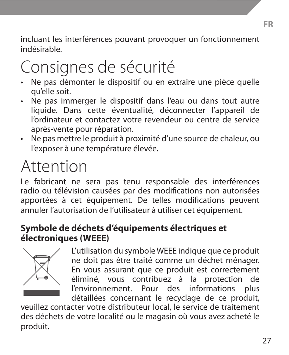 Consignes de sécurité, Attention | Acme MW11 User Manual | Page 27 / 44