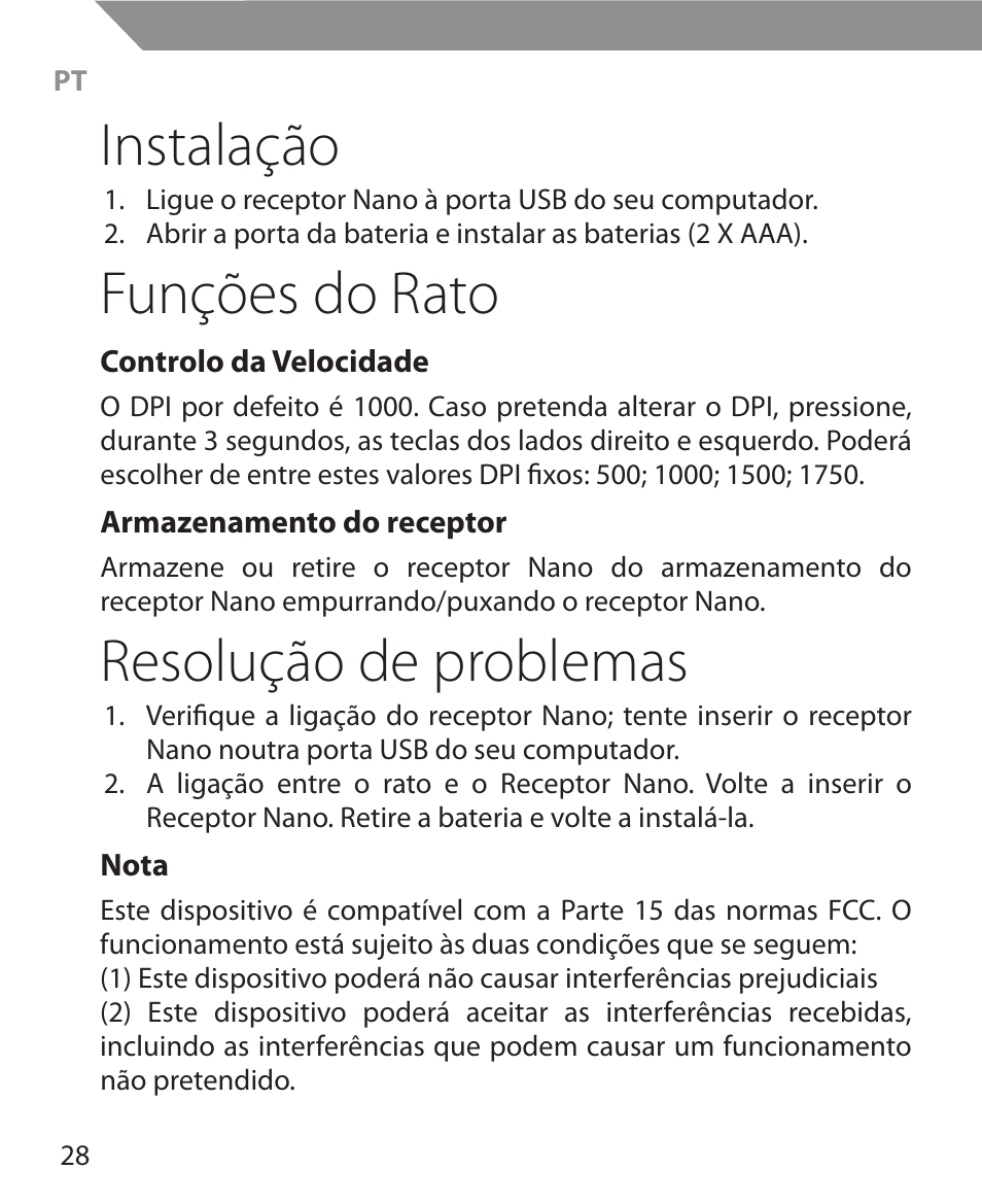 Instalação, Funções do rato, Resolução de problemas | Acme MW11 User Manual | Page 28 / 44