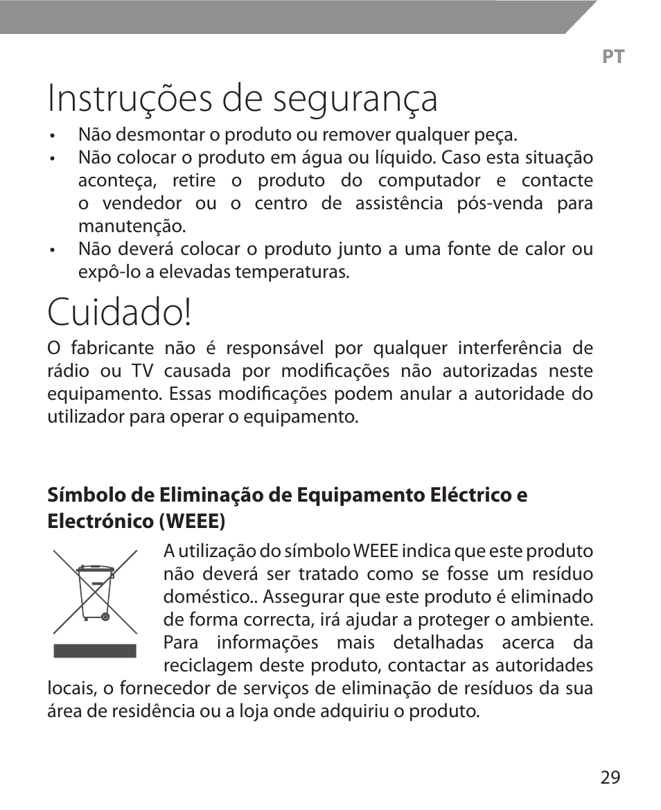 Instruções de segurança, Cuidado | Acme MW11 User Manual | Page 29 / 44