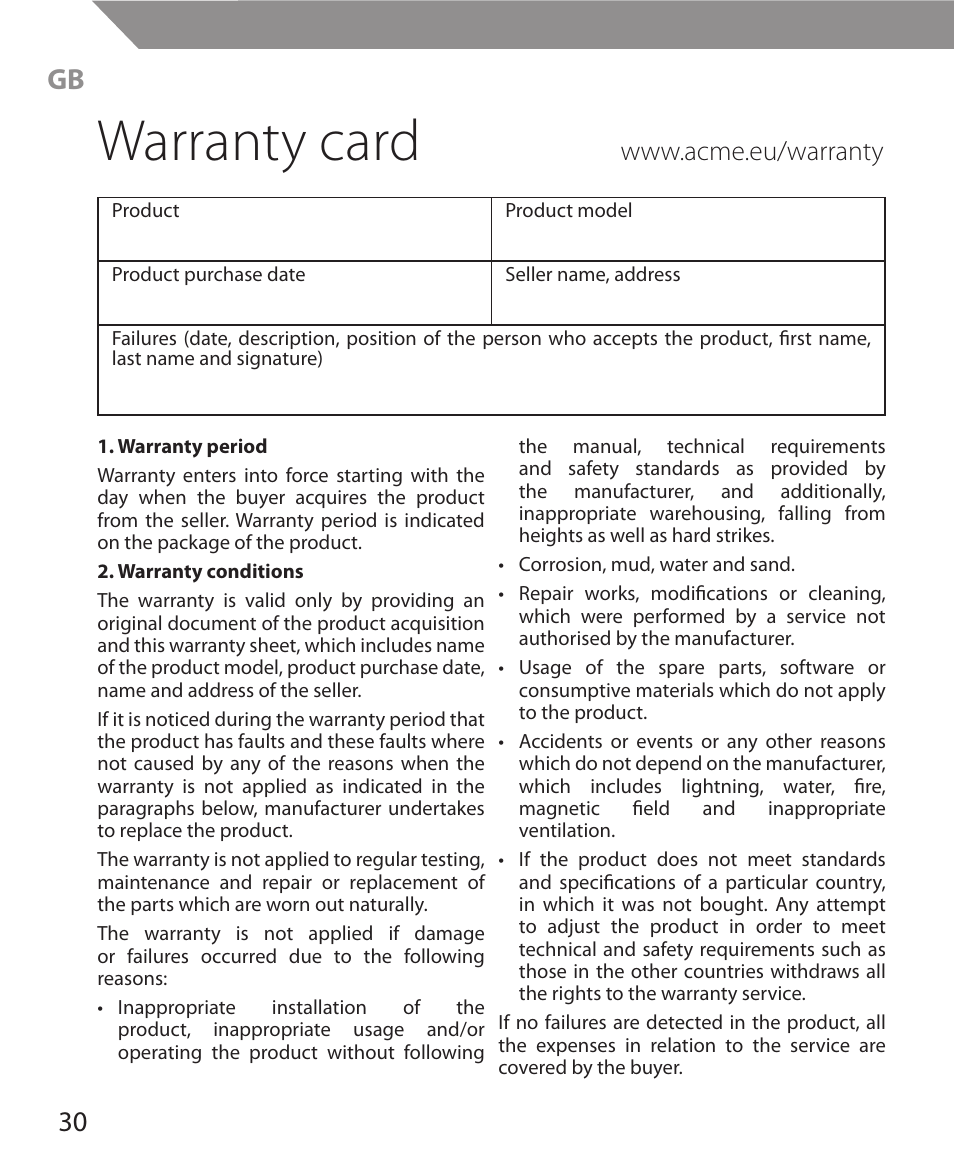Warranty card | Acme MW11 User Manual | Page 30 / 44