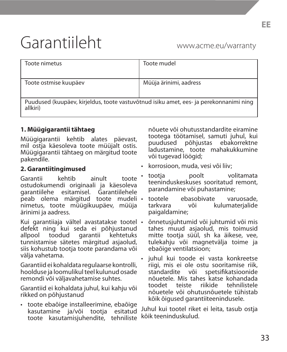 Garantiileht | Acme MW11 User Manual | Page 33 / 44