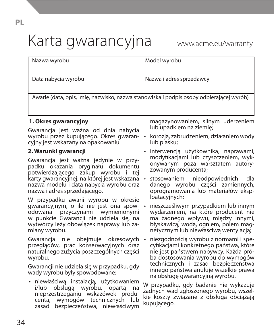 Karta gwarancyjna | Acme MW11 User Manual | Page 34 / 44