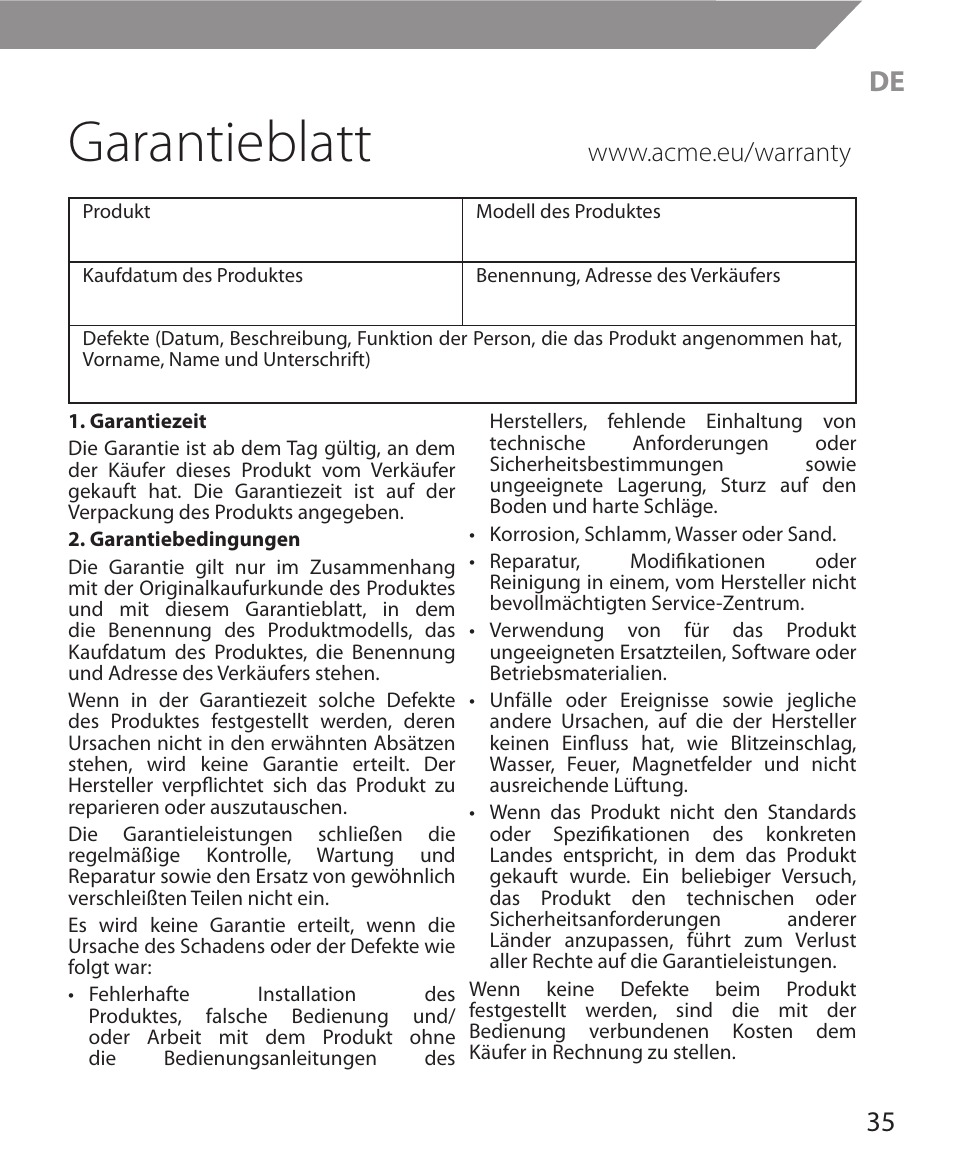 Garantieblatt | Acme MW11 User Manual | Page 35 / 44
